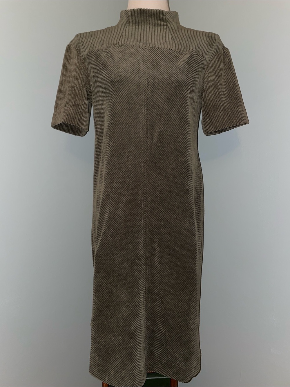 Prologue Olive Corduroy Midi Dress with Mock Neck. Recycled Material.  Medium